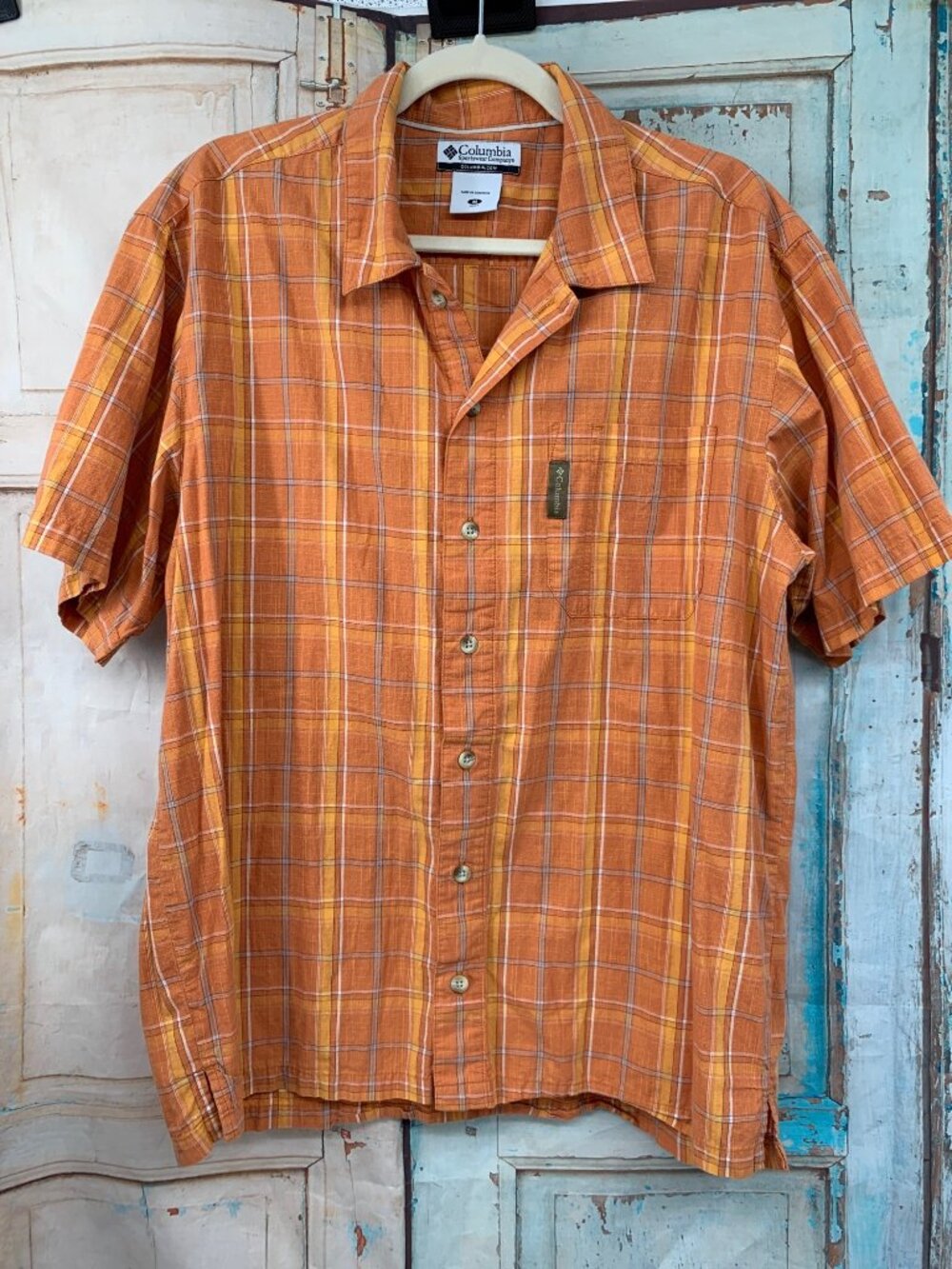 Columbia Mens Orange Plaid Short-Sleeve Button-Up Shirt Medium 100% Cotton Casua